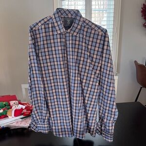 Men's Navy and White Plaid Button Down Shirt